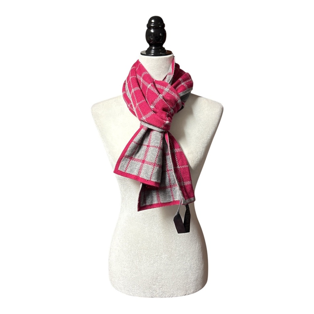 Coach Pink Grey Windowpane Plaid Wool Cotton Blend Scarf Leather Logo Patch